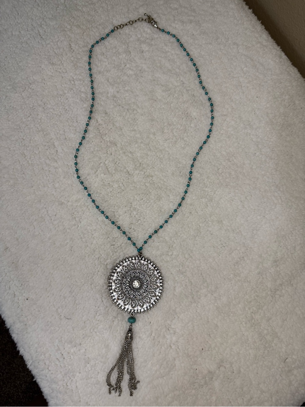 Silver Filigree Medallion Necklace with Teal Beaded Chain